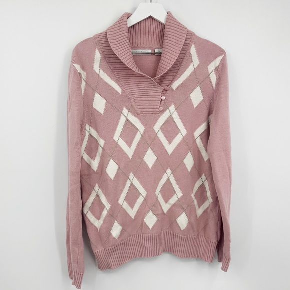 Vintage Y2K Pink Sweater Size XL Argyle Print Academia Softcore Cottagecore - Picture 1 of 6